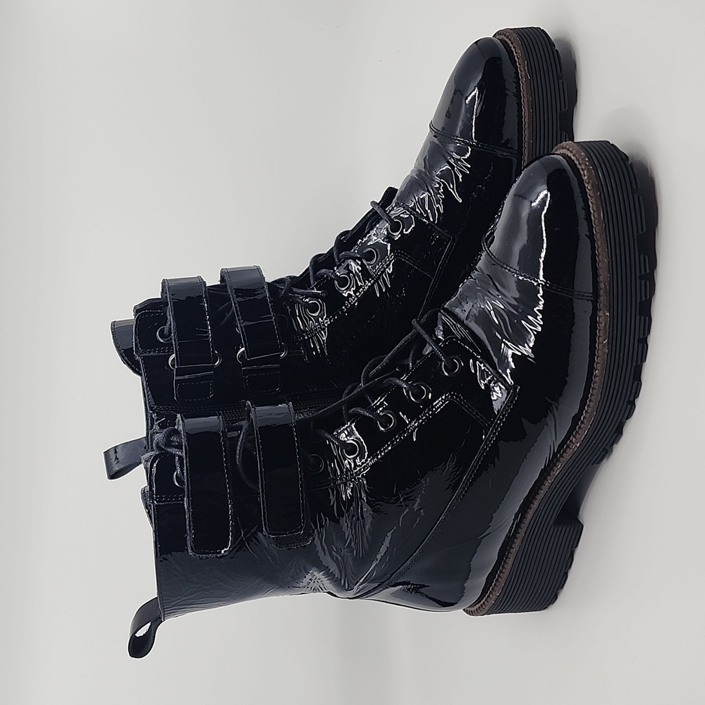 Shellys of London Black Patent Leather Combat Boots, Size 39, Pre-owned